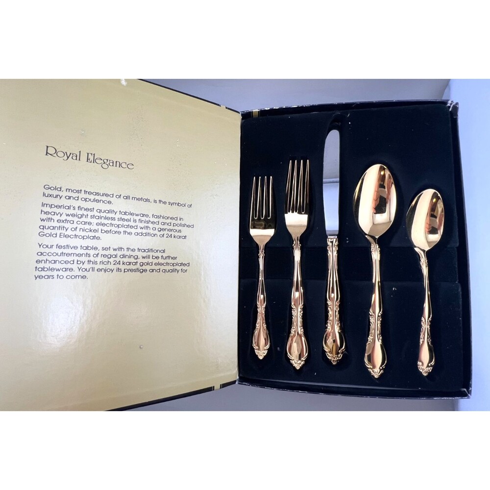 Vtg NOS Imperial 24k Gold Electro Plated 20 Pc Luxury Flatware Marchioness Ultra